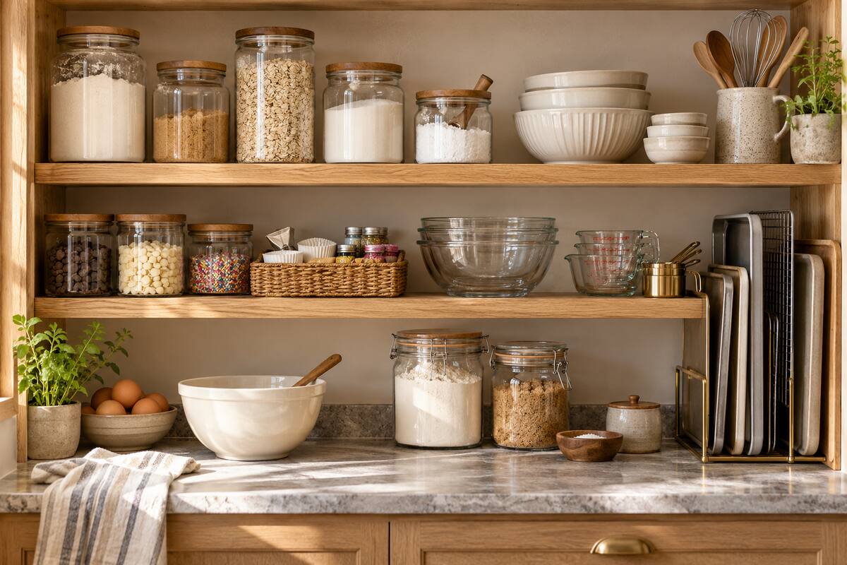 Pantry baking zone with airtight ingredient jars, mixing bowls, measuring tools, and vertically stored baking sheets