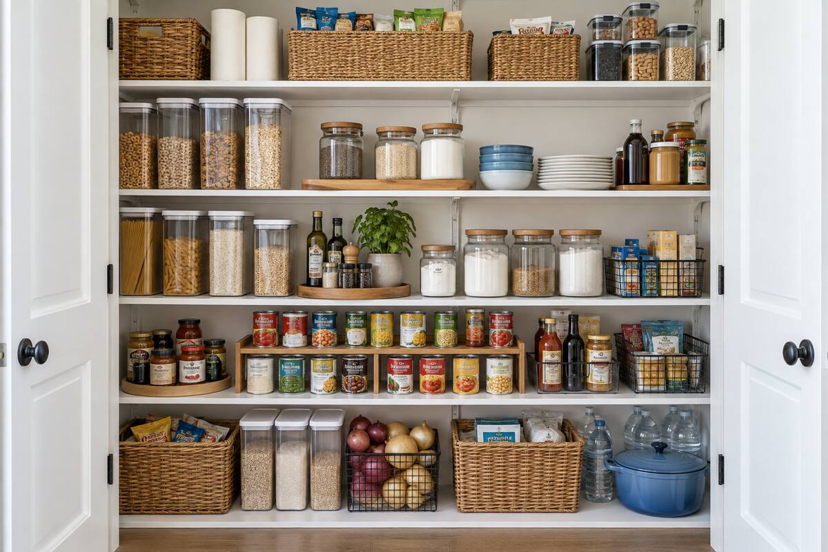 Reach-in kitchen pantry organized into breakfast, cooking, canned food, backstock, and heavy-item storage zones