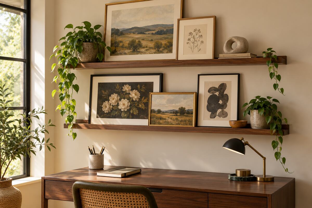 Layered framed artwork and trailing plants displayed on two picture ledges above a walnut desk