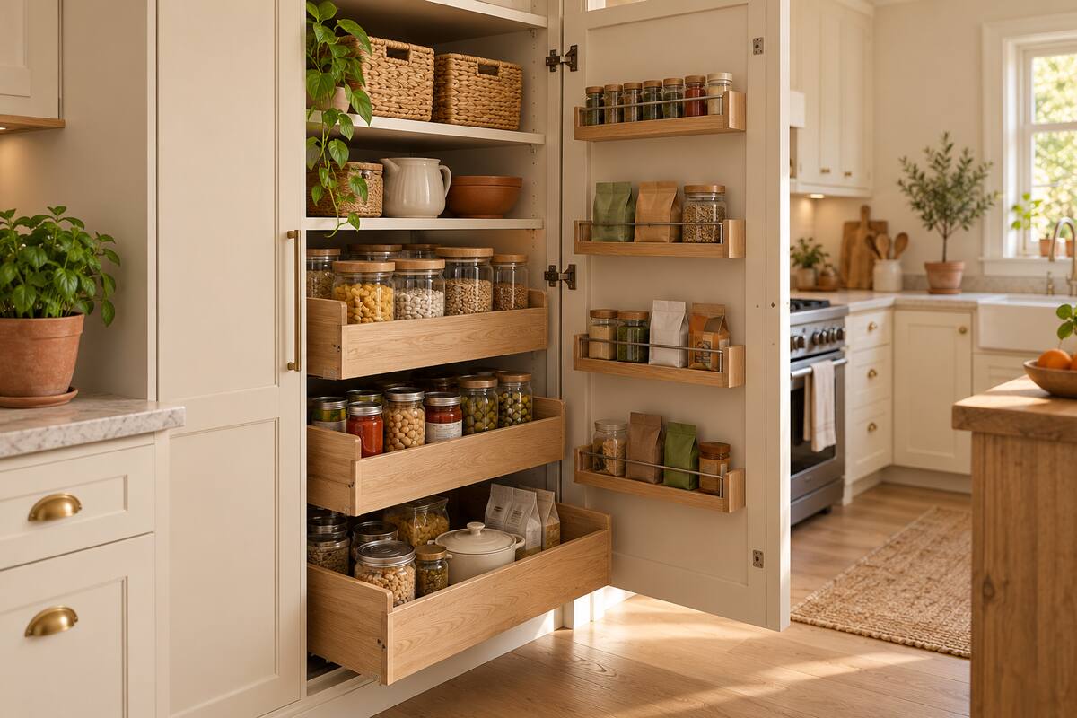 Tall cream pantry cabinet with wooden pull-out drawers, shallow door racks, and accessible upper baskets