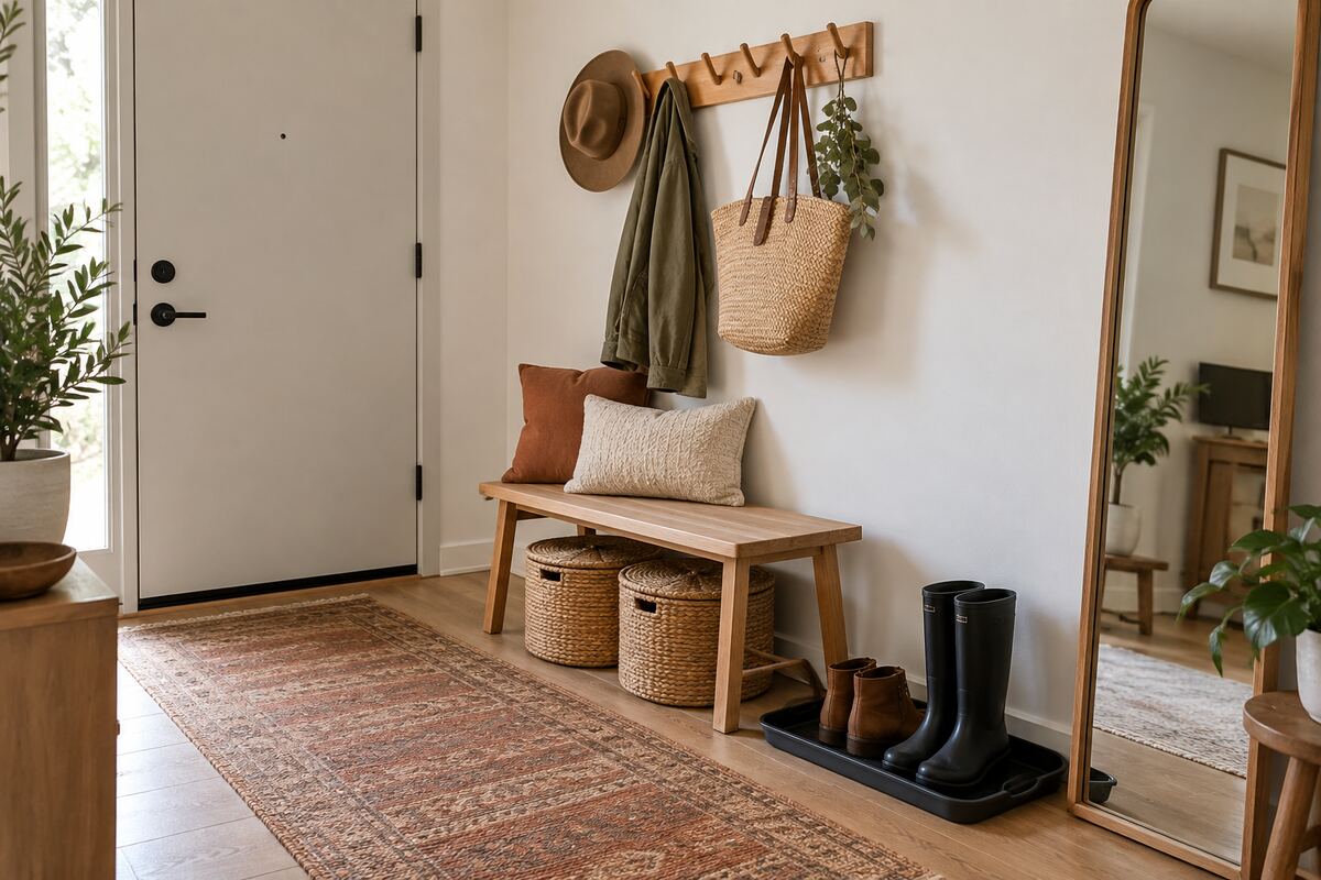 Renter-friendly entryway with a freestanding bench, baskets, boot tray, and peg rail