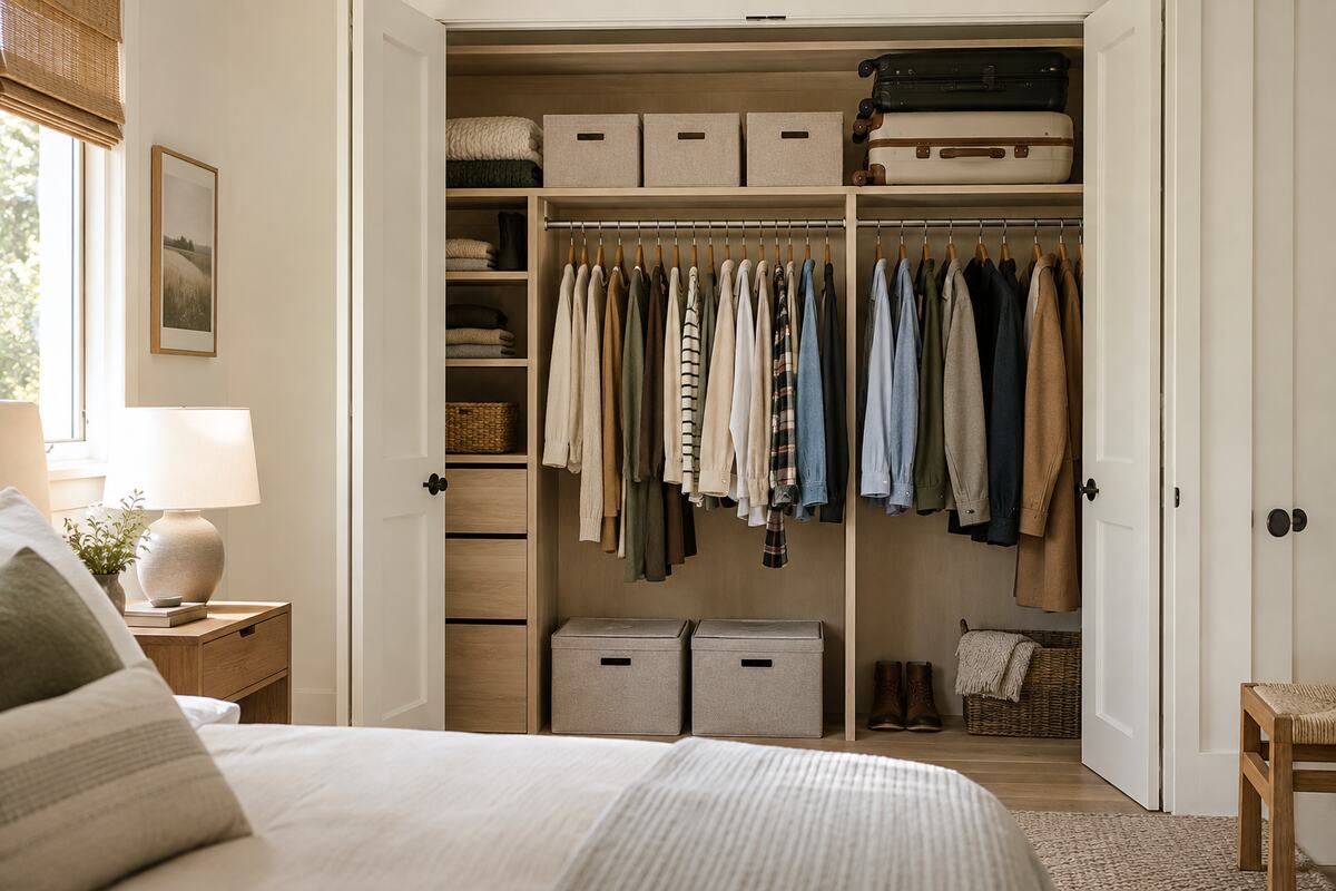 Seasonal bedroom closet storage with fabric boxes, folded blankets, and luggage on upper shelves