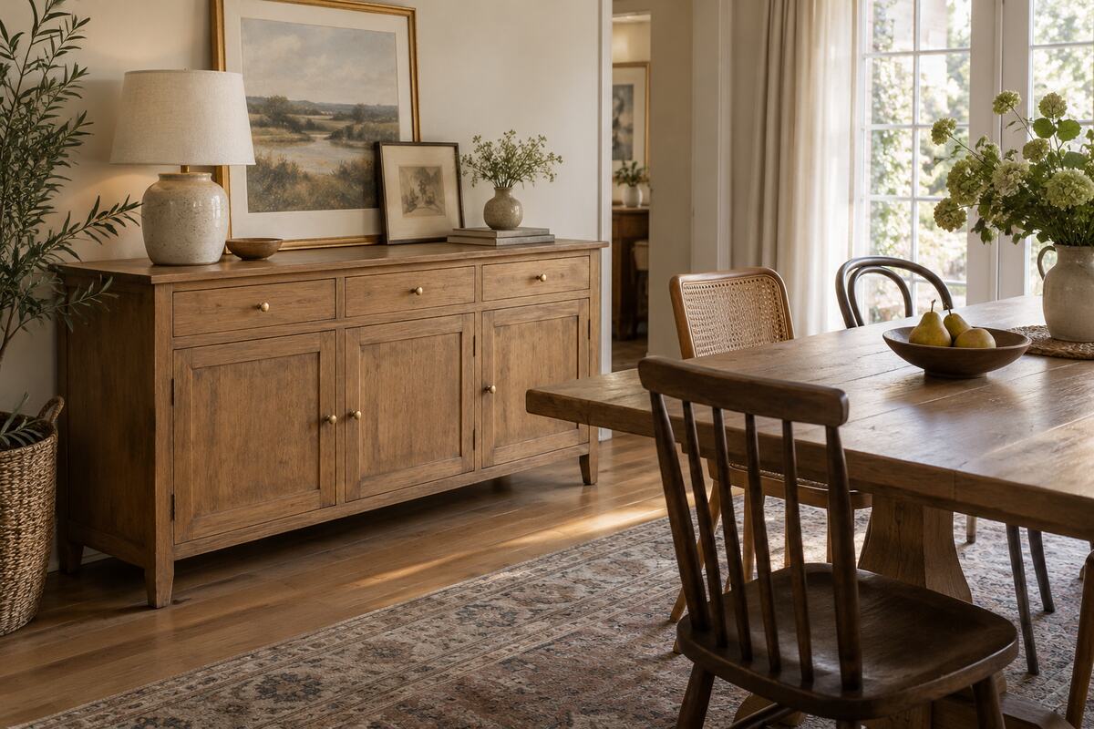 Refinished secondhand wood sideboard with updated brass knobs in a calm, coordinated dining room