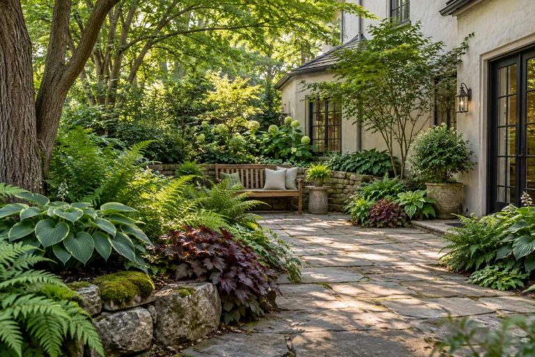 Shaded courtyard garden with layered ferns, hostas, hydrangeas, stone paving, and a wooden bench