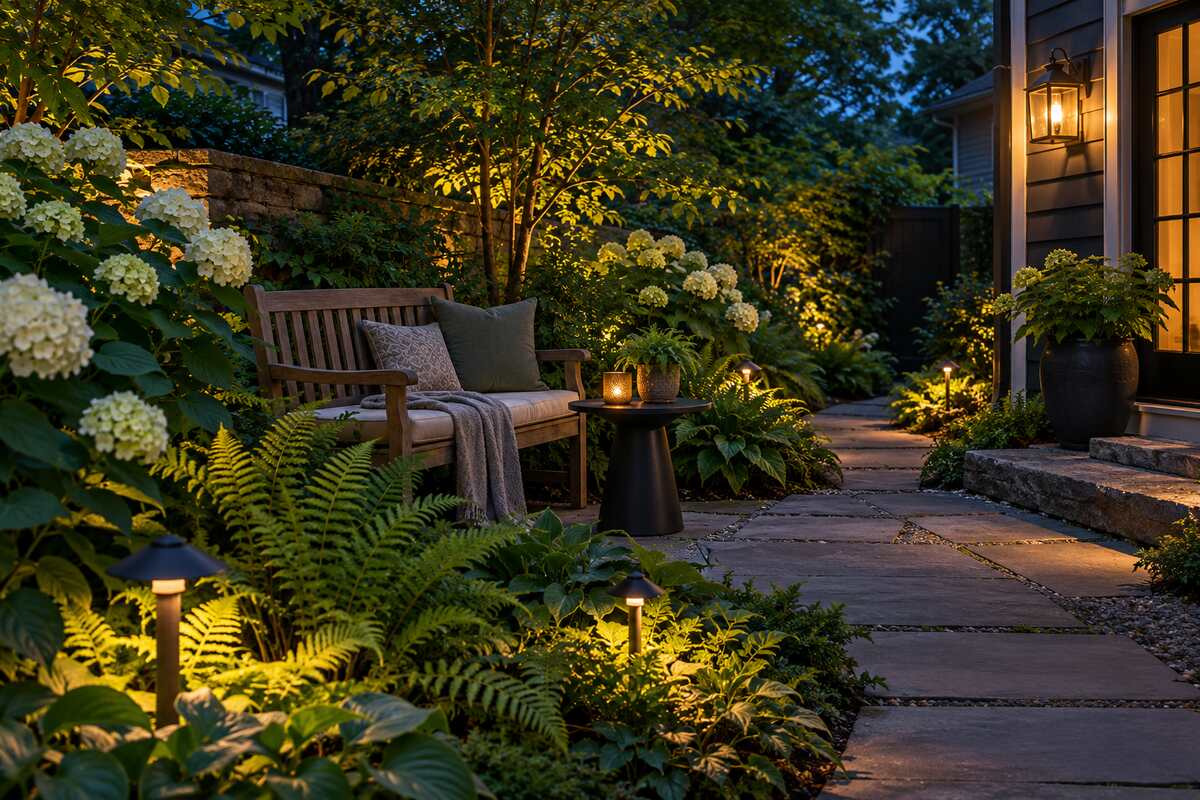 Cozy shaded garden seating nook at dusk with a wooden bench, hydrangeas, ferns, and warm path lighting