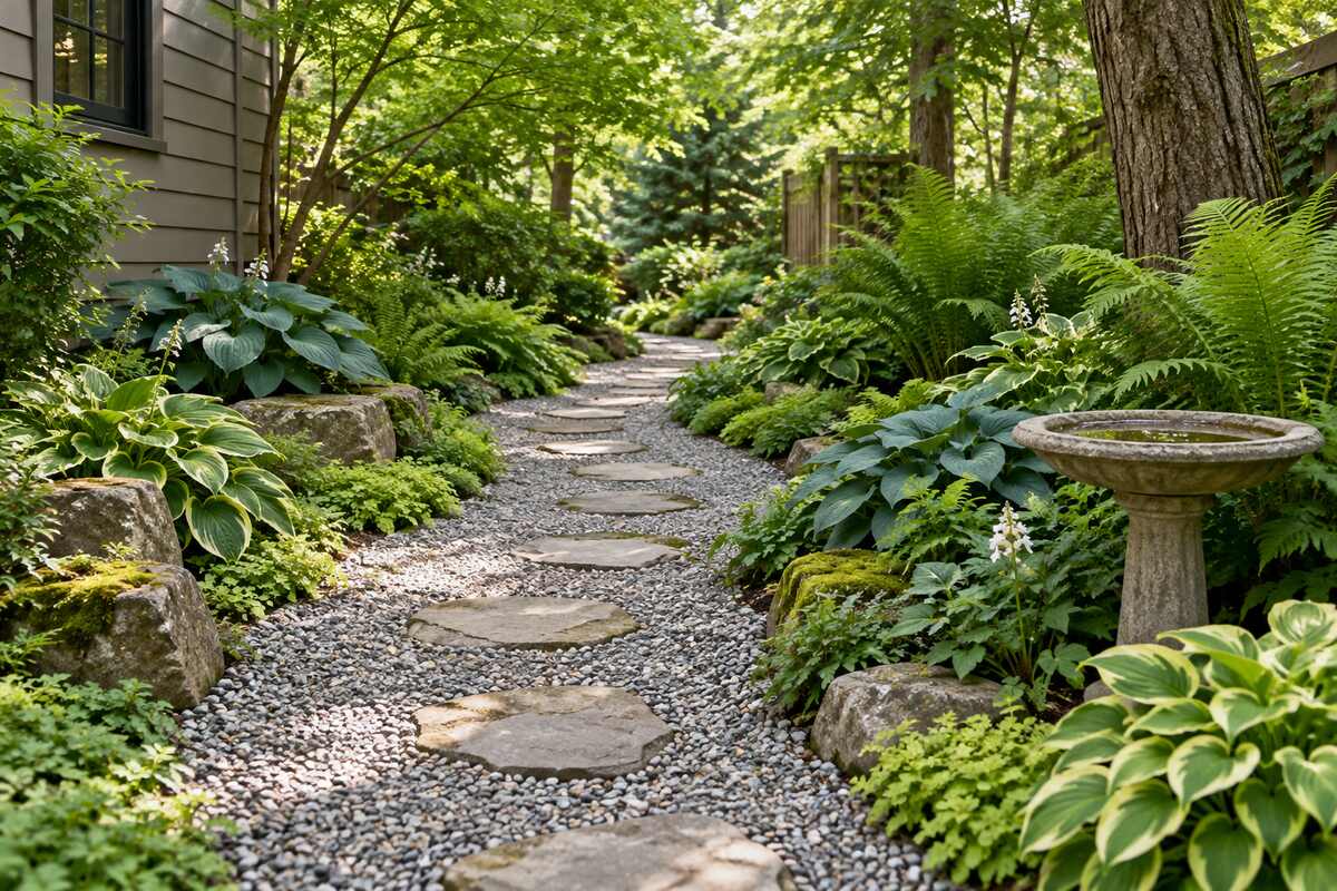Curved gravel path with stepping stones through a shaded garden of ferns, hostas, and woodland groundcovers