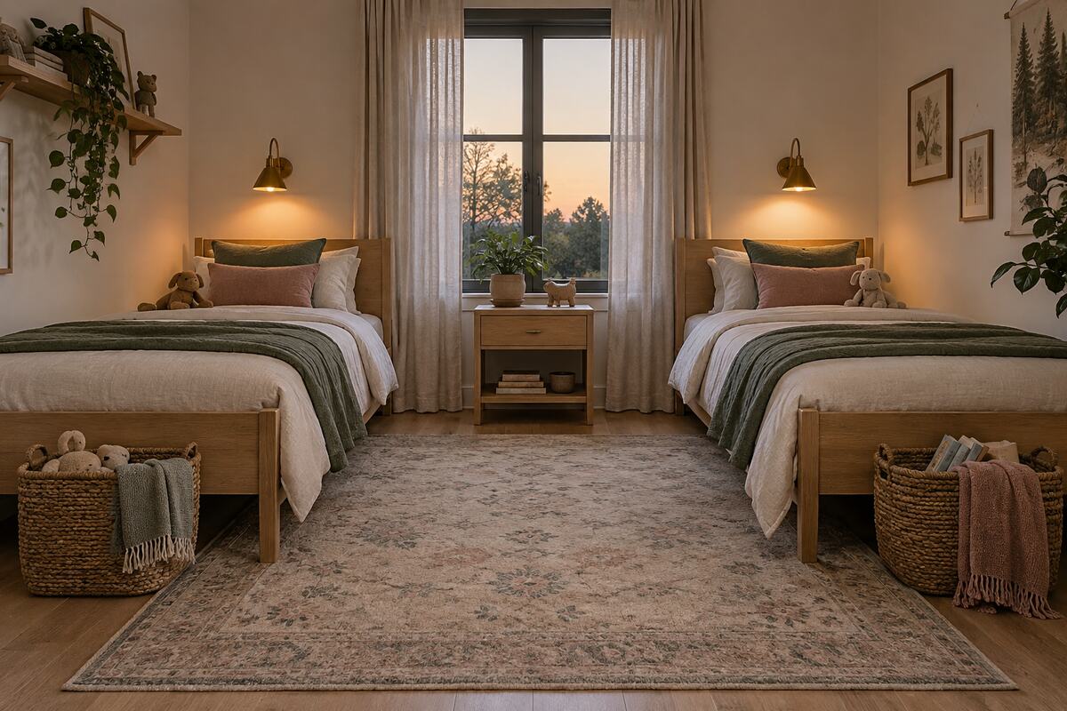 Calm shared kids' bedroom with two oak beds, individual baskets, warm sconces, and a clear central walkway