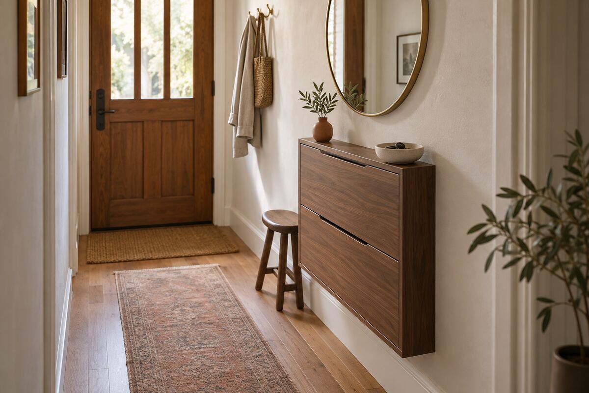 Slim wall-mounted shoe cabinet and round mirror in a narrow entryway