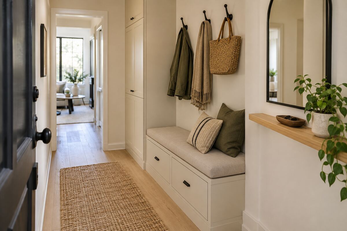 Small apartment entryway with built-in bench, drawers, hooks, mirror, and woven storage