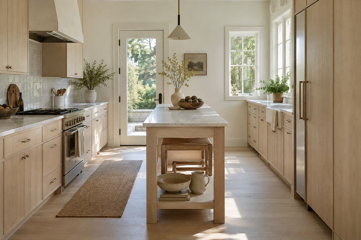 Slim freestanding island in a compact kitchen with open shelving and clear circulation space