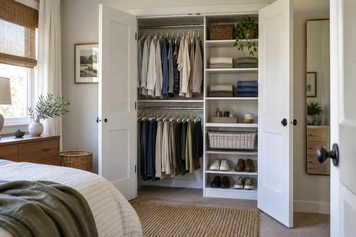 Small reach-in bedroom closet with double hanging rods, shelves, shoe storage, and a pullout basket