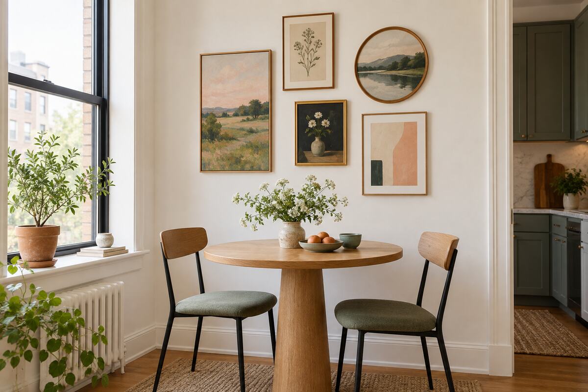 Small apartment dining nook with five framed artworks arranged above a round oak table