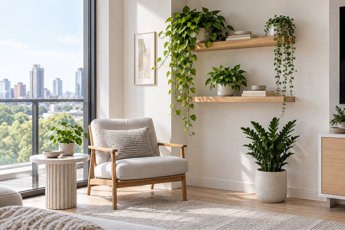 Small apartment corner with floating shelves, trailing plants, and a compact floor plant