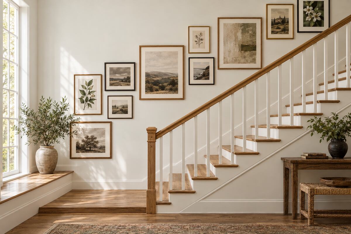Gallery wall of botanical art and photographs following the diagonal rise of a bright wooden staircase