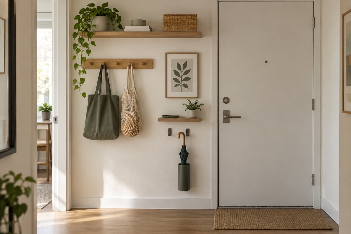 Narrow entry wall using a floating shelf, peg rail, hooks, and umbrella storage