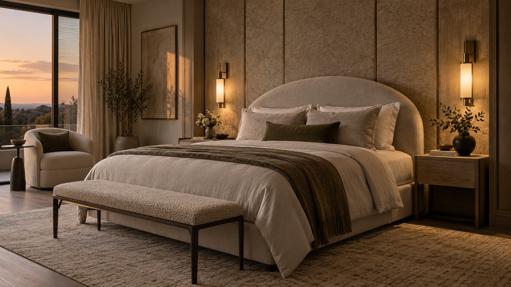 Moody bedroom with dark walls, warm bedside lighting and layered bedding