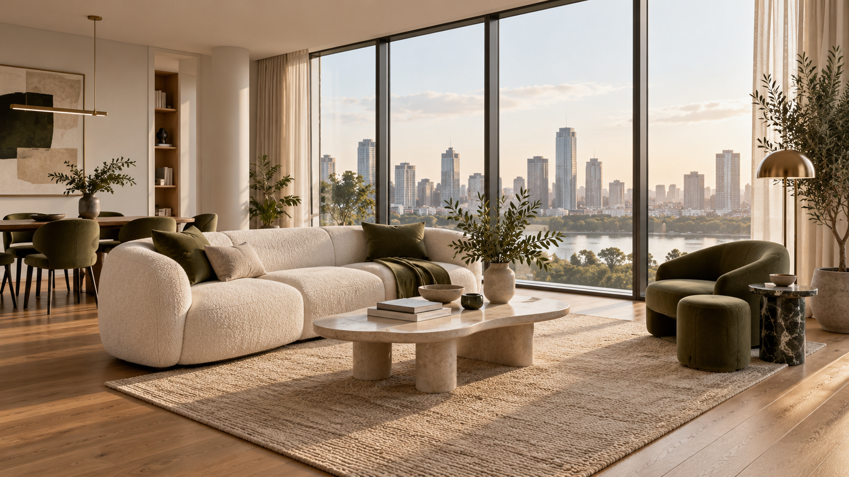 Contemporary living room with a cream sofa, natural wood and a wide city view