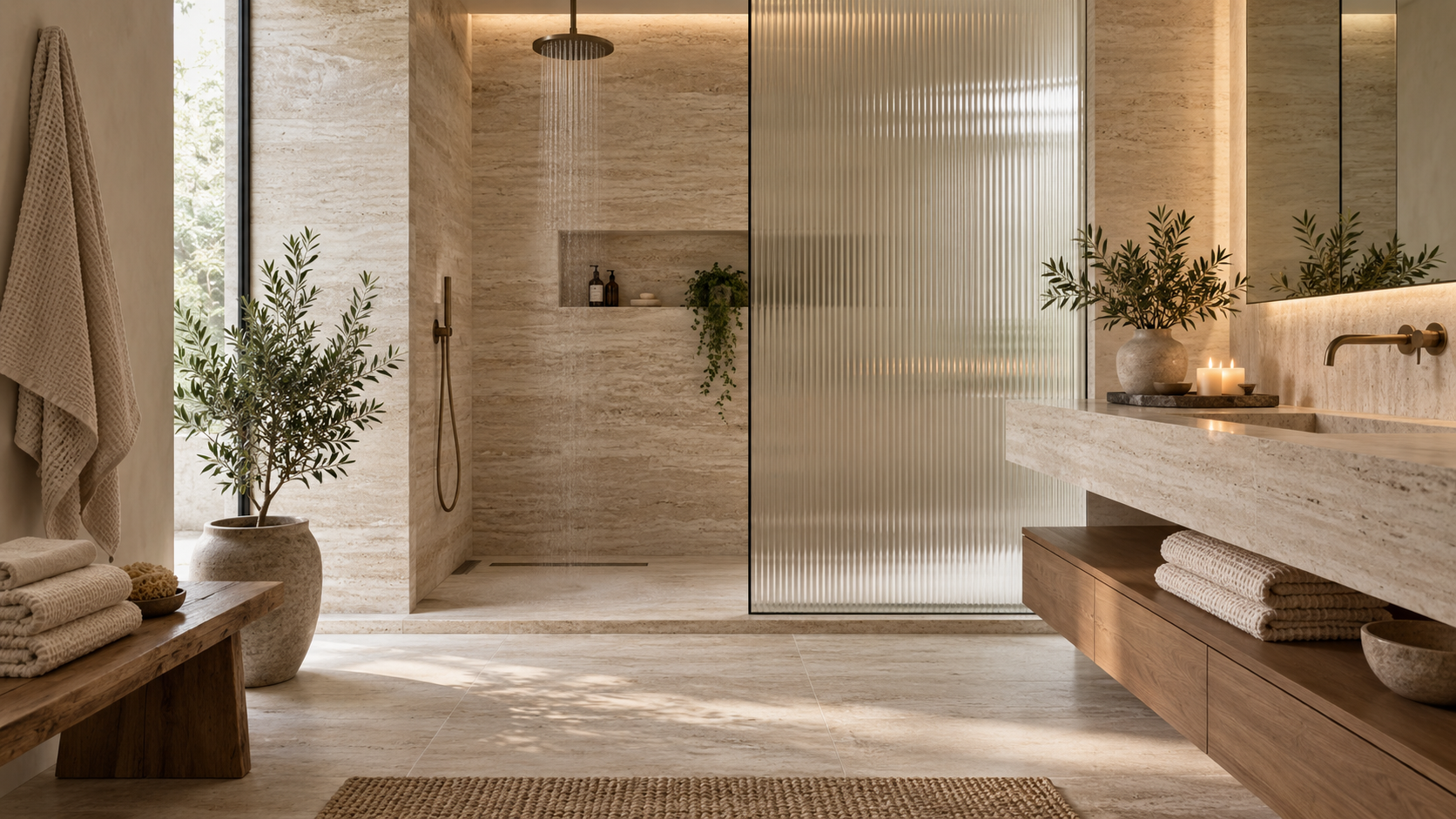 Contemporary family bathroom with double oak vanity and open shelving