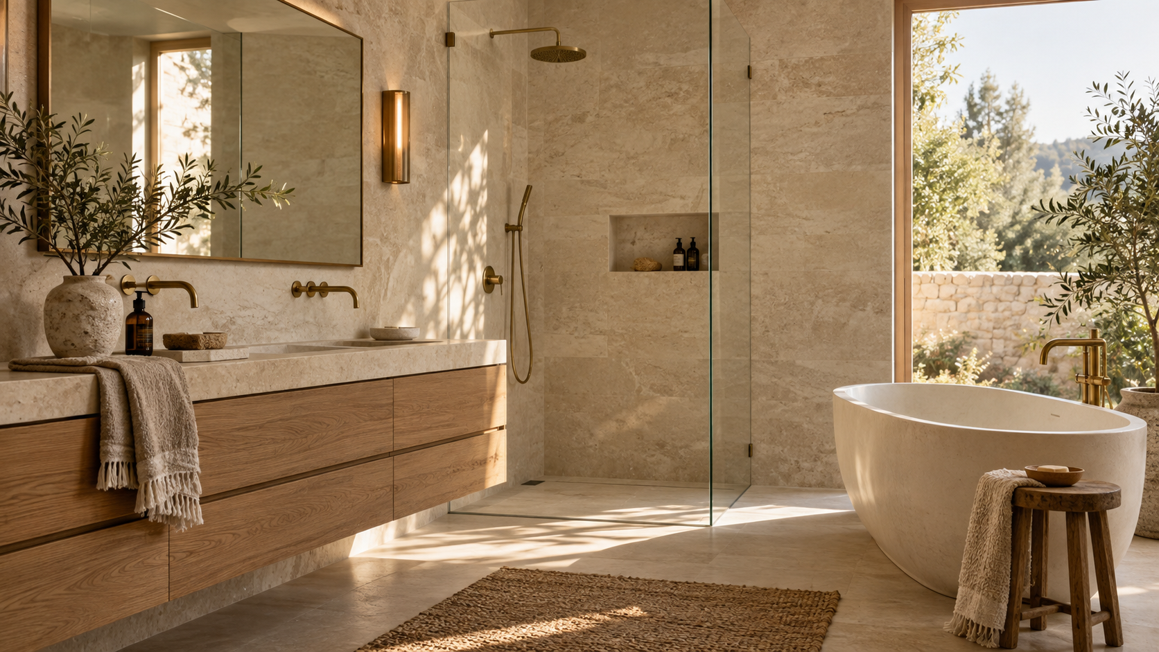 Mediterranean bathroom with terracotta tiles, arched shower and oak vanity