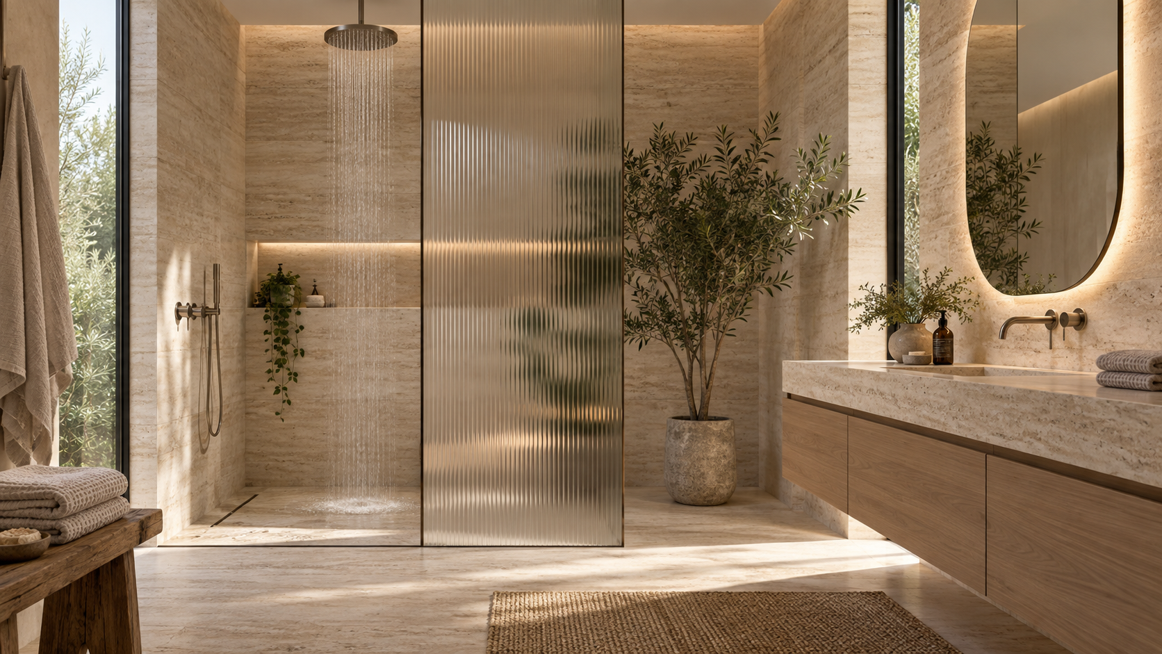 Warm modern bathroom with limestone walls, oak vanity and brass fixtures