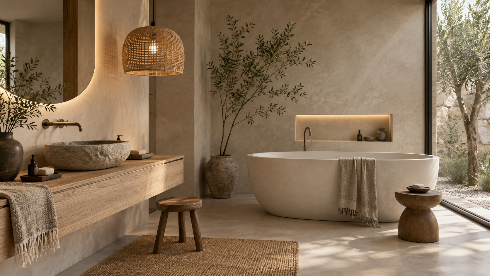 Dark luxury bathroom with walnut vanity, black bathtub and brass fixtures