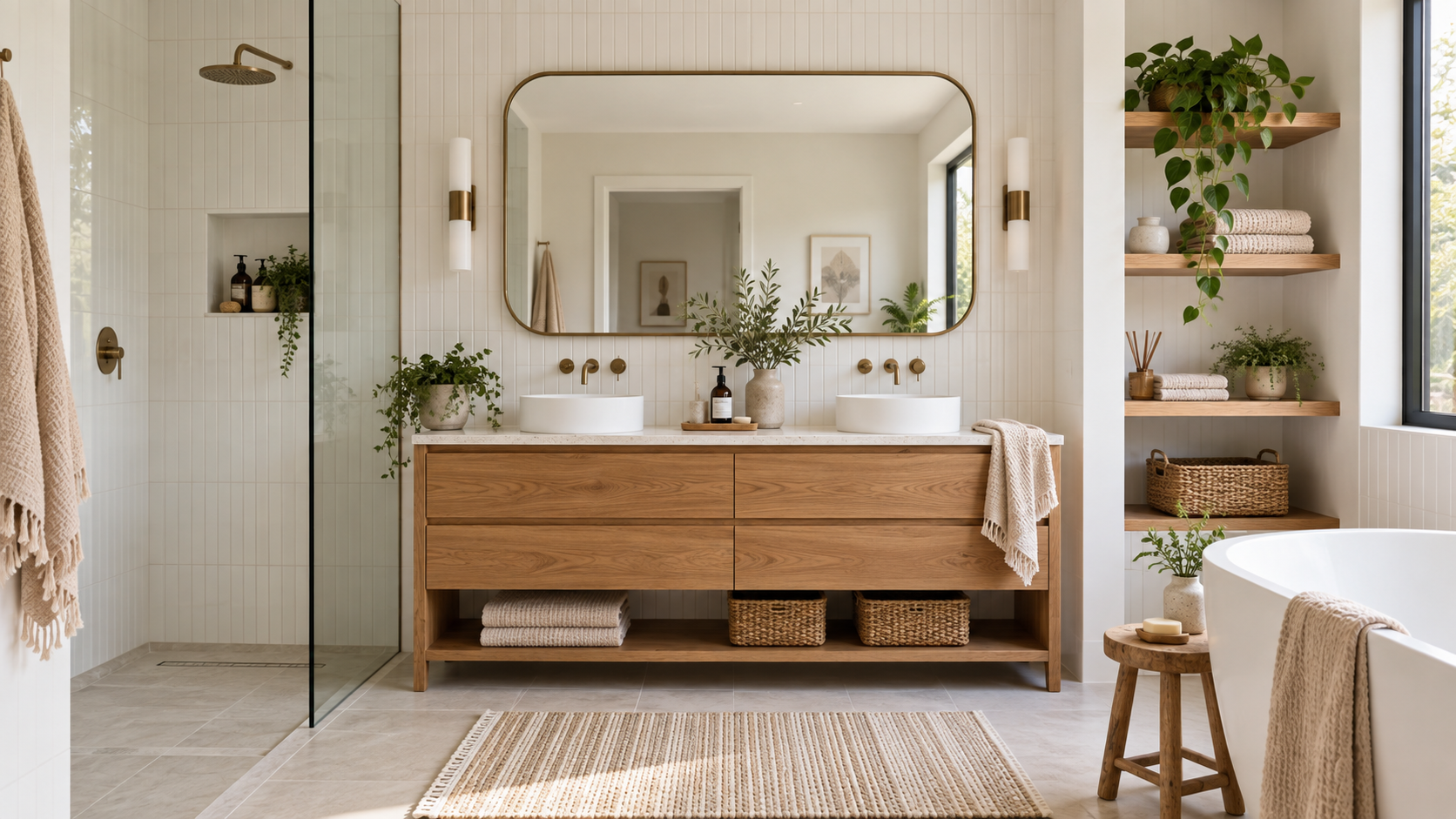 Small sage green bathroom with practical storage and walk-in shower