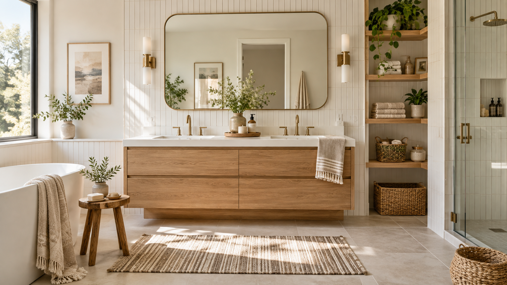 Spa-like bathroom with travertine stone, walk-in shower and warm indirect lighting