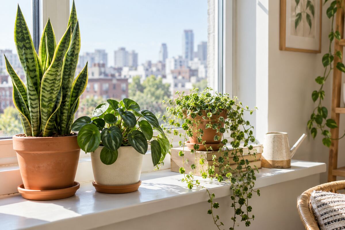 Apartment windowsill garden with snake plant, peperomia, and trailing greenery