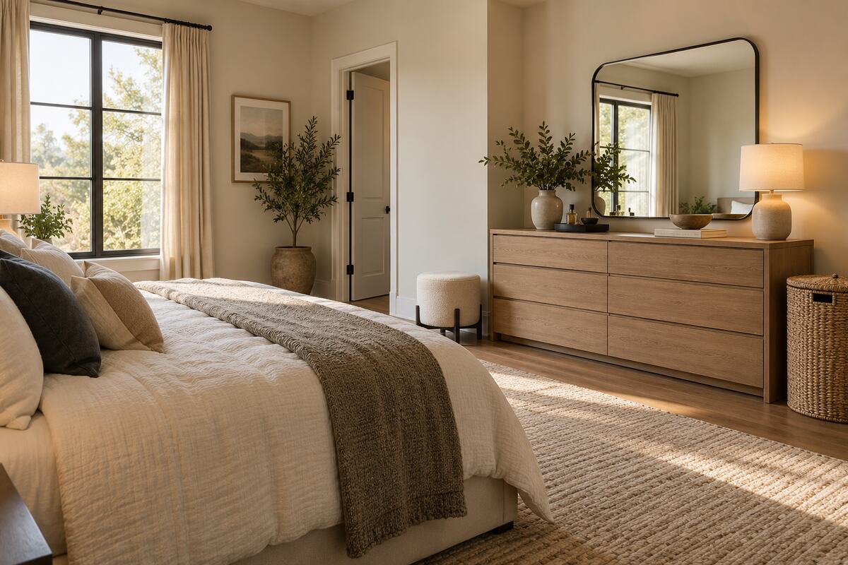 Bedroom dressing zone with a low dresser, large mirror, stool, laundry hamper, and clear drawer space opposite the bed