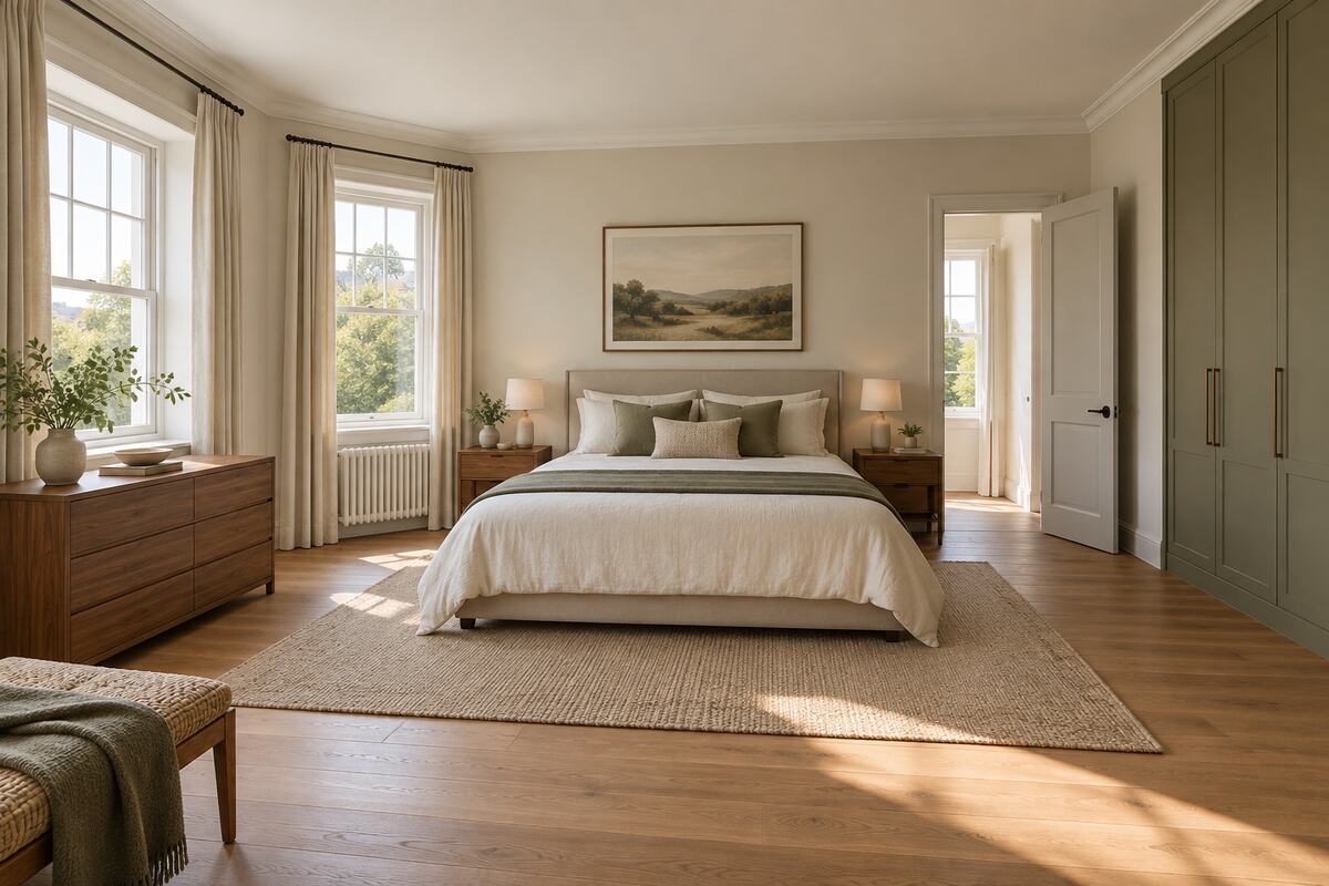 Bedroom furniture arranged around two windows, an inward-opening door, and a built-in wardrobe with clear access