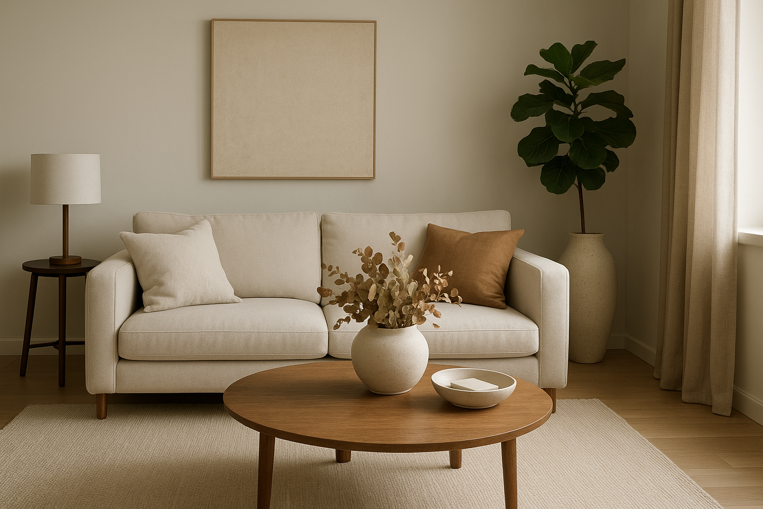 Final layered mid‑century living room setup ready for autumn entertaining