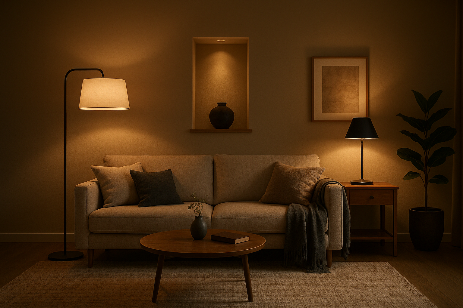 Layered lighting in a mid‑century living room: floor lamp, table lamp, and candle vignette