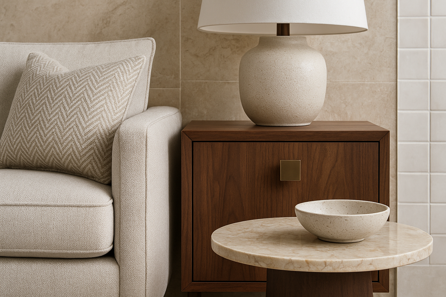 Samples of wood, stone and ceramic materials for a warm modern kitchen