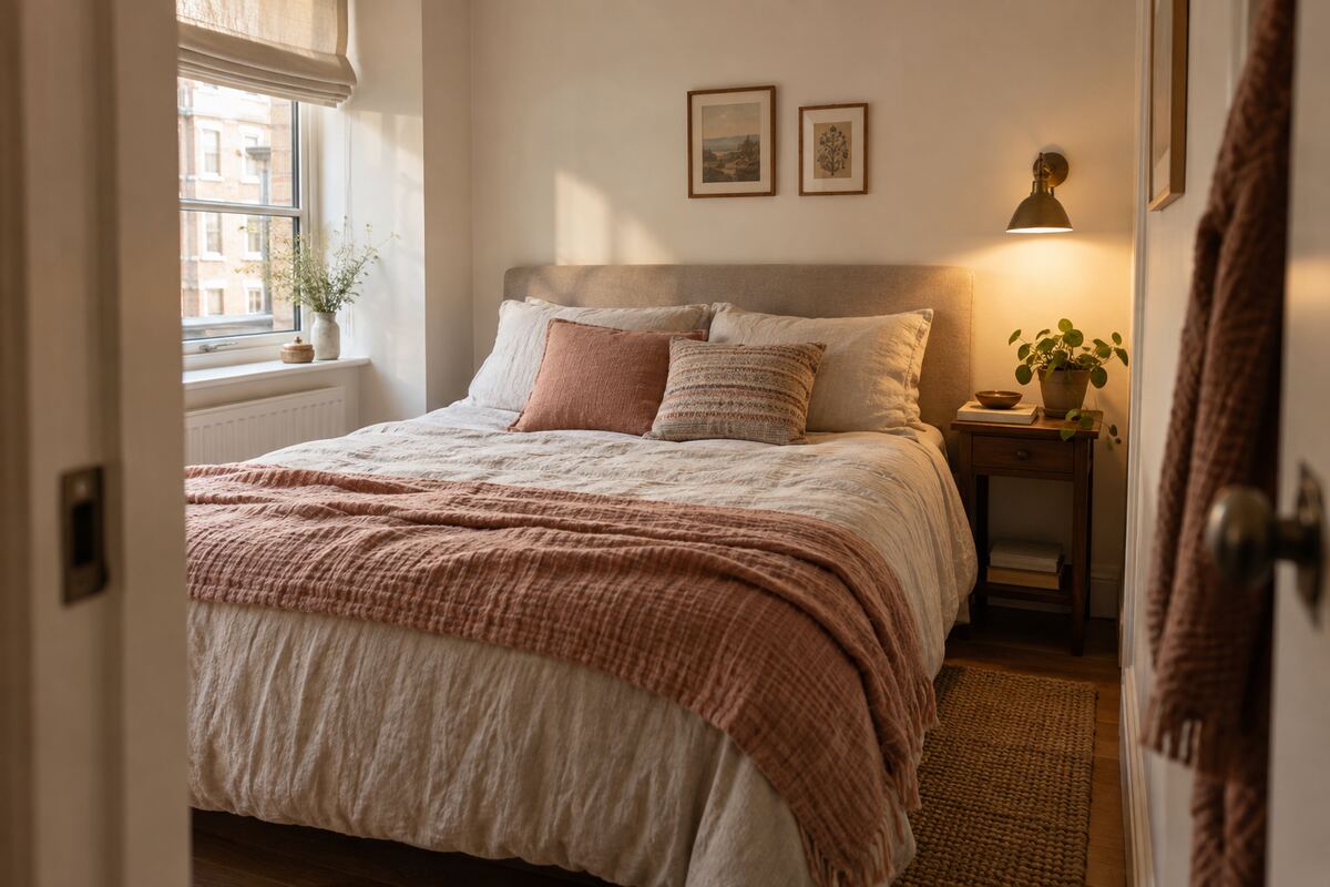 Cozy small bedroom styled with layered textiles and warm lighting