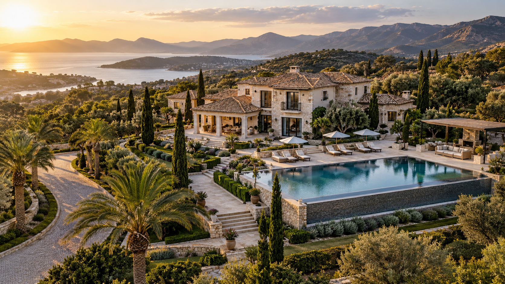 Luxury Villa Estate Aerial view of a luxury villa estate with landscaped garden and pool