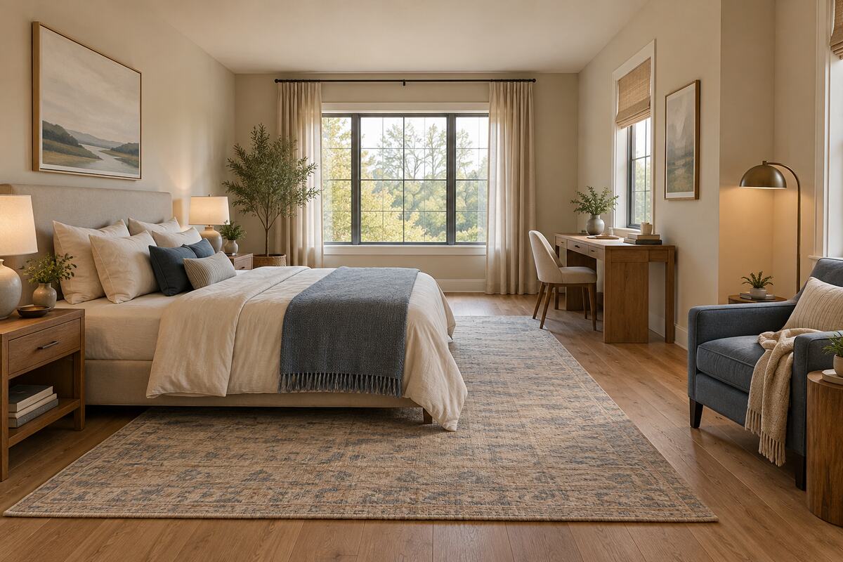 Multifunctional bedroom layout with separate sleep, work, and reading zones connected by a clear path