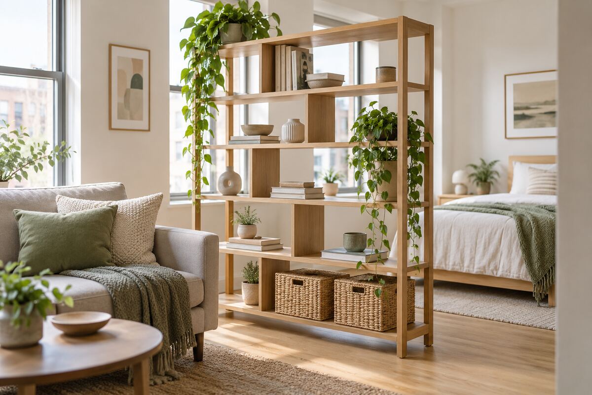 Open shelving room divider with plants and baskets in a small studio apartment