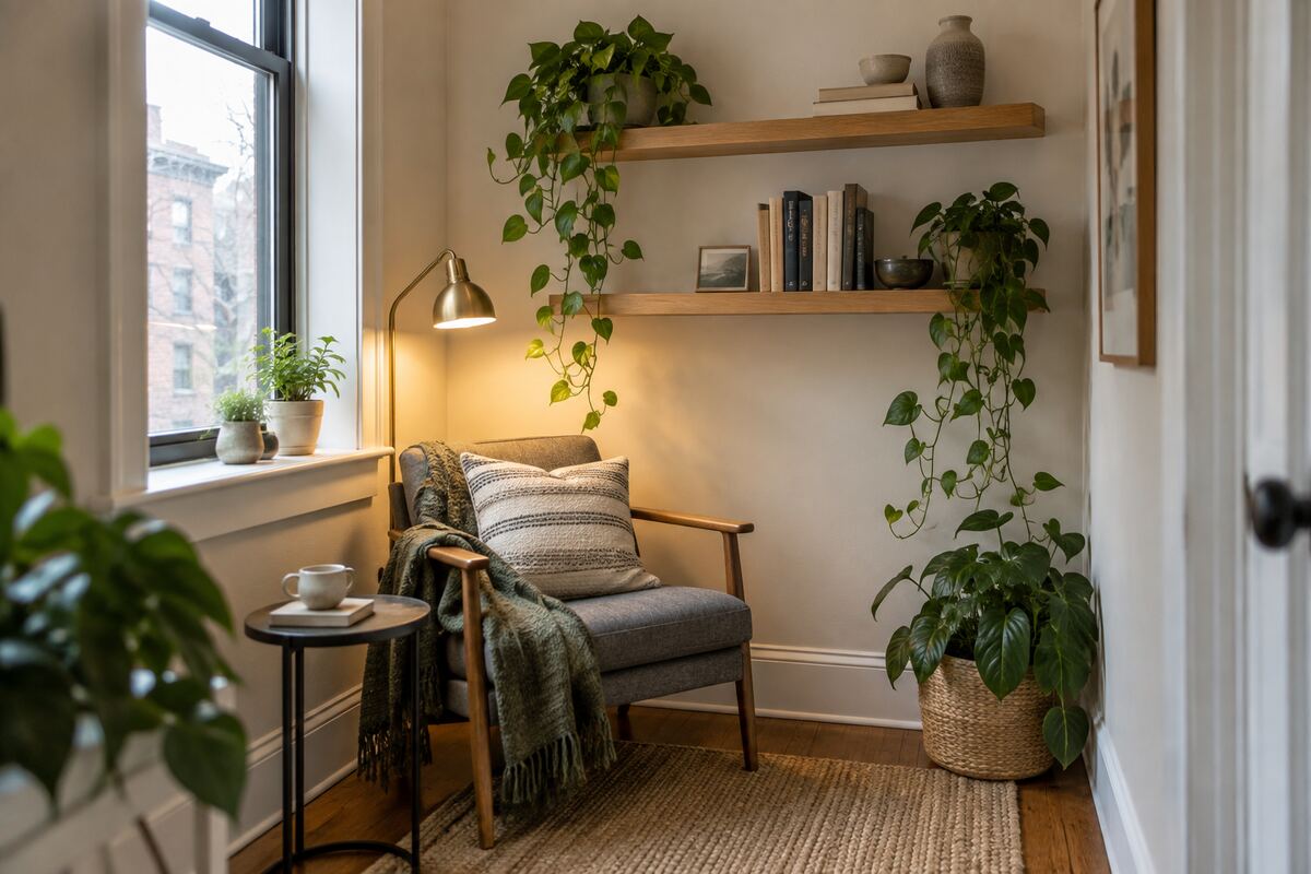 Small reading corner with floating shelves and trailing houseplants