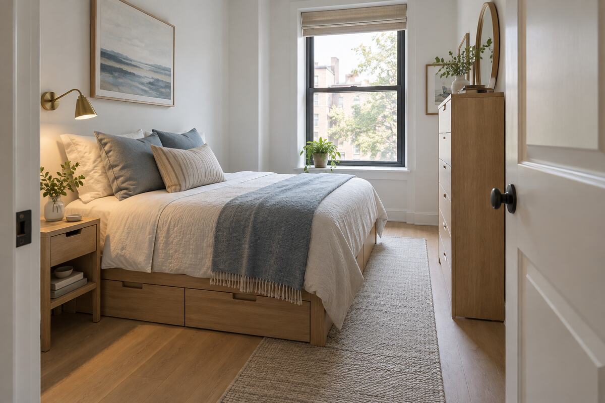 Small narrow bedroom layout with a double bed, slim nightstand, tall dresser, under-bed drawers, and an open walkway
