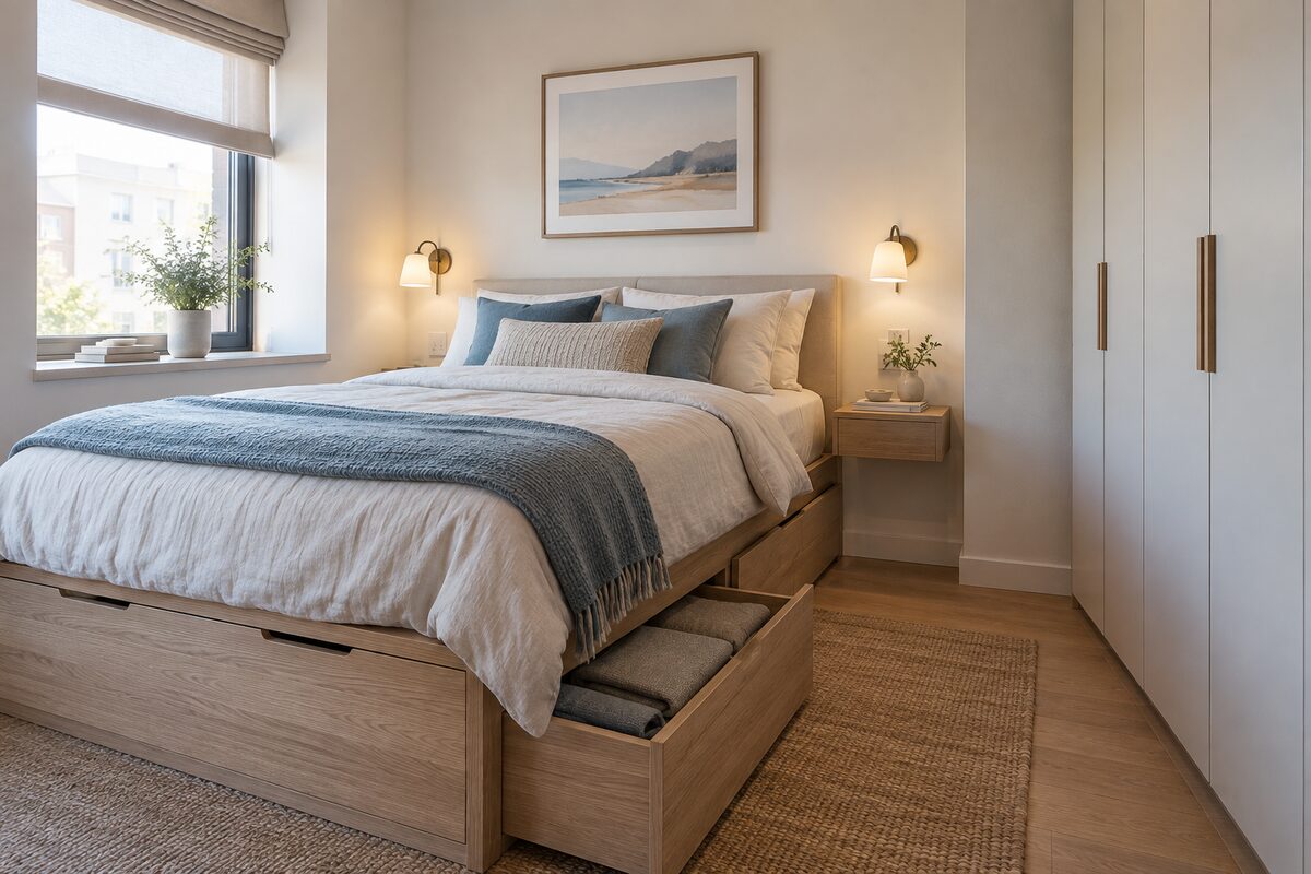 Compact bedroom with a storage bed, floating nightstand and floor-to-ceiling wardrobe