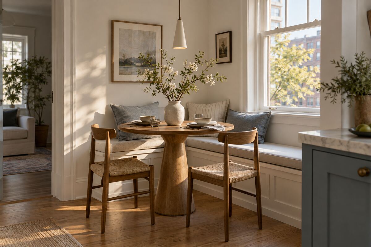 Tiny dining nook decorated with flowers, soft cushions, and pendant lighting