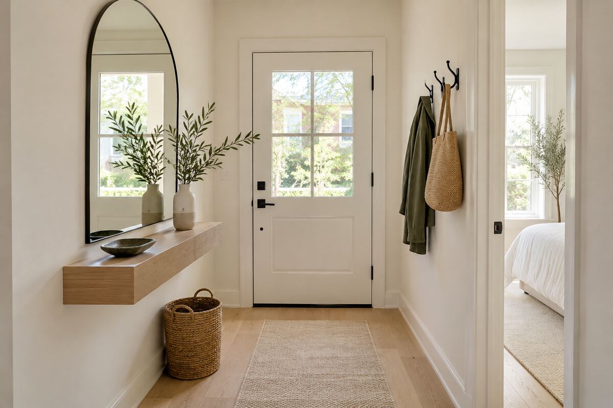Narrow small entryway decorated with an arched mirror and floating console