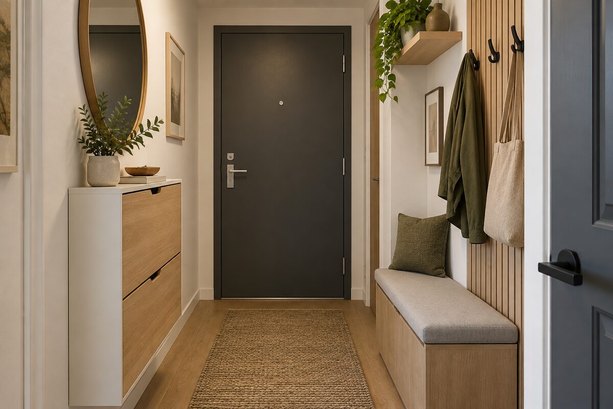 Narrow apartment entryway with a slim shoe cabinet, storage bench, wall hooks and mirror
