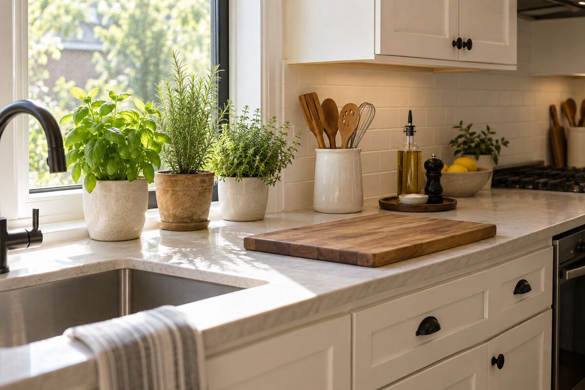 Compact kitchen counter decorated with potted culinary herbs