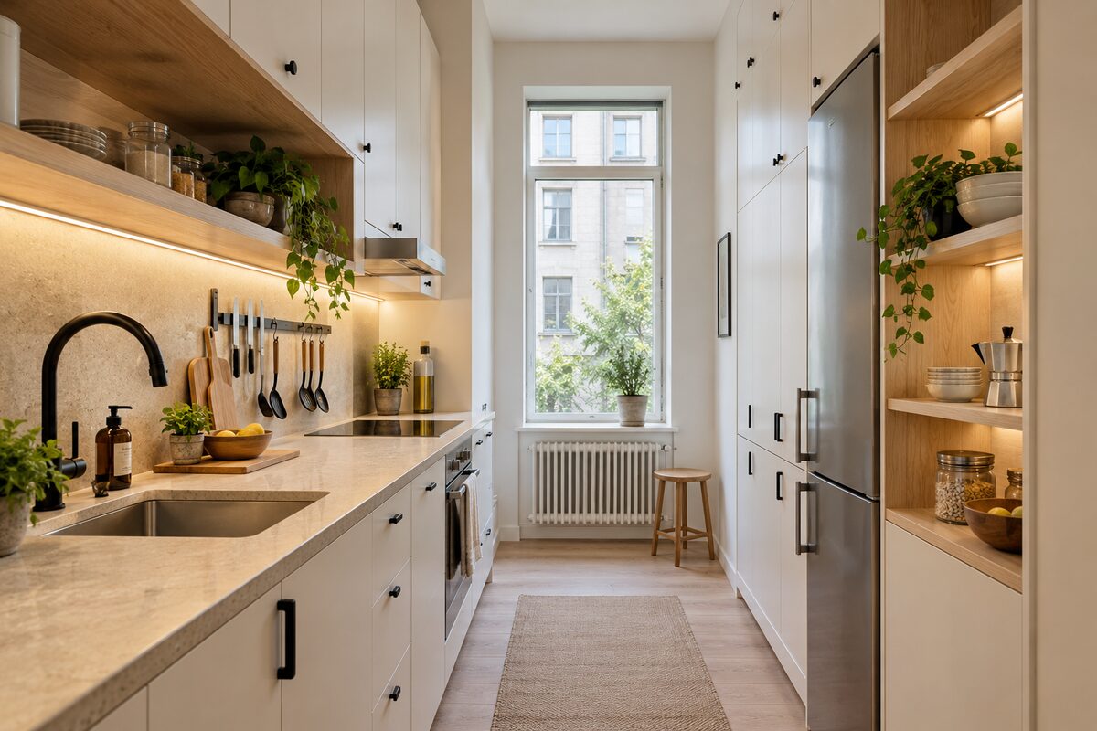 Narrow small kitchen with ceiling-height cabinets, open shelves and under-cabinet lighting