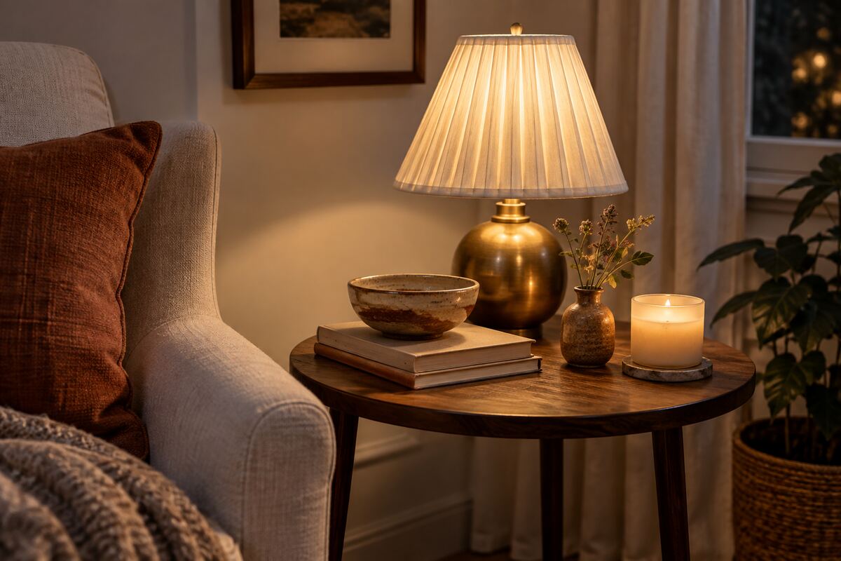 Small side table styled with a lamp, ceramics, books, flowers, and candle