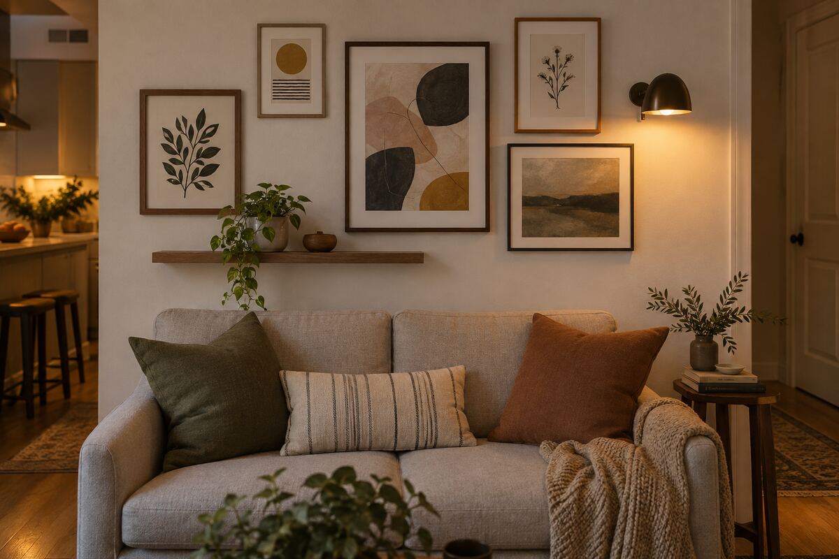 Small living room wall styled with a balanced gallery and picture ledge
