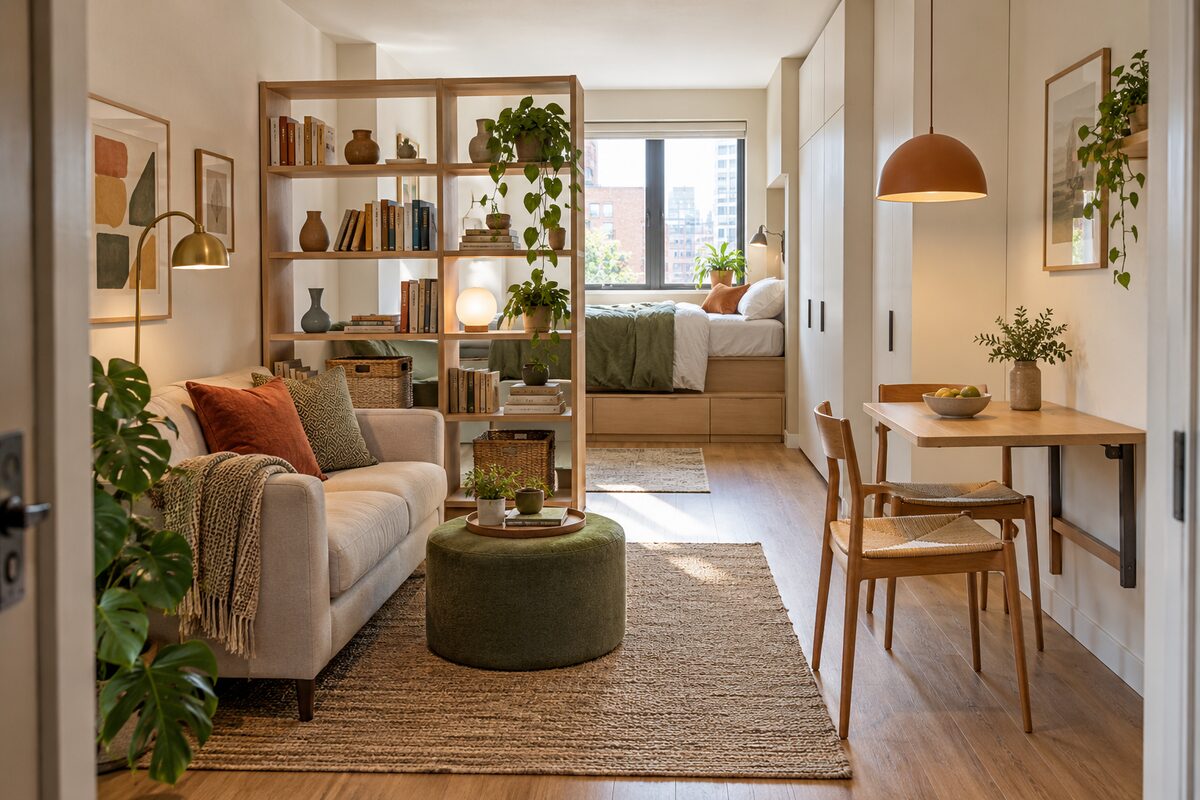 Small studio apartment divided into living, sleeping and dining zones with an open bookcase