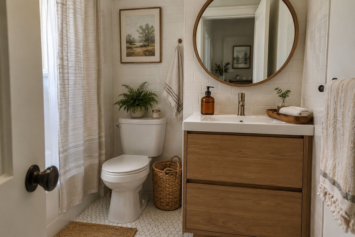 Tiny bathroom styled with natural accessories and a small fern